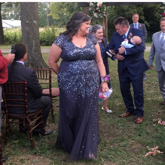 Adrianna papell Gunmetal grey sequin& beaded cap sleeves Long Dress - Picture 12 of 15